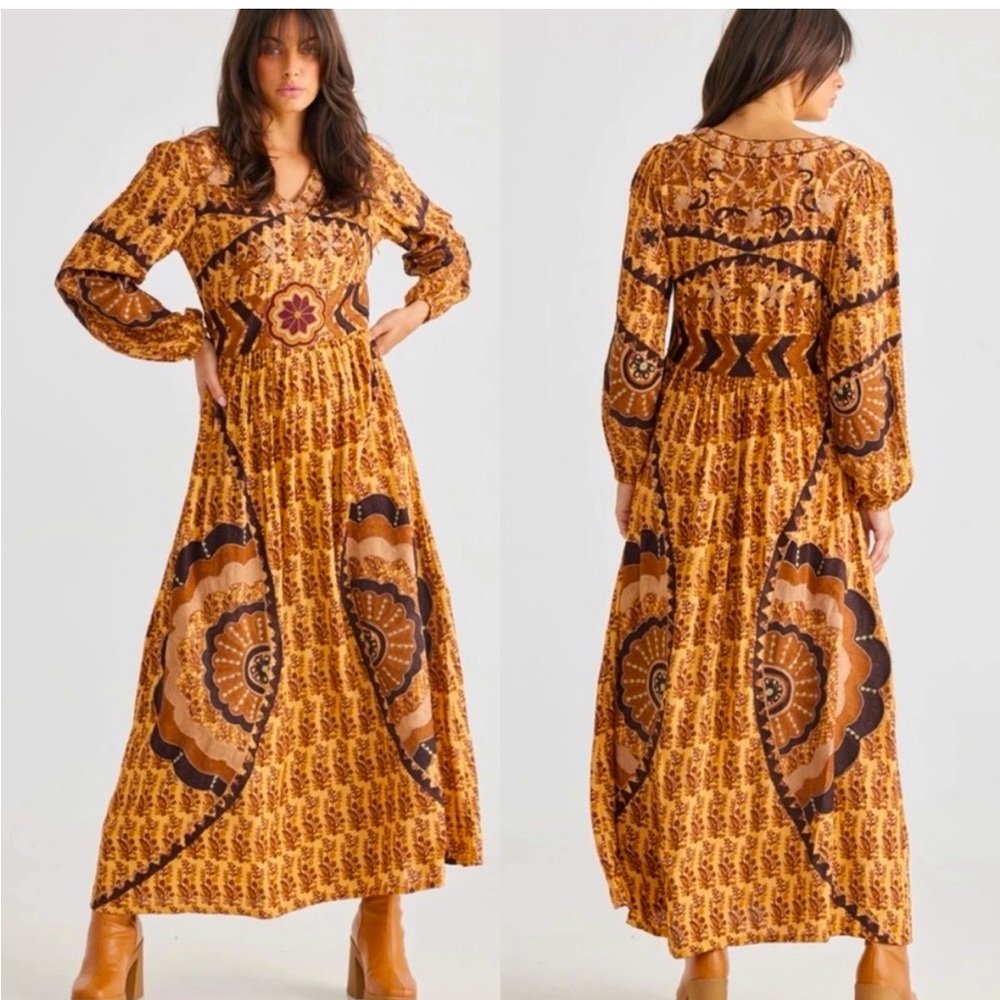 TALISMAN Sitara Golden Floral Maxi Dress Embroidered Beaded Long Bishop Sleeve L